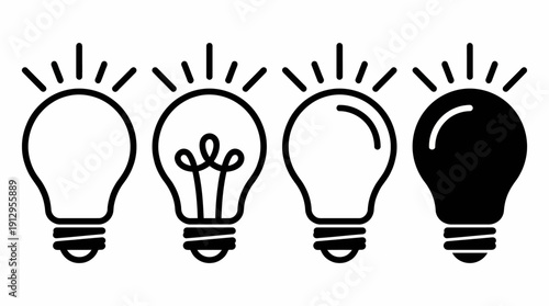 Row of four light bulbs symbolizing ideas, creativity and innovation in modern lighting design