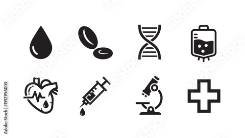 Medical Icons Set: Blood Drop, Cells, DNA, IV Bag, Heart, Syringe, Microscope, Cross