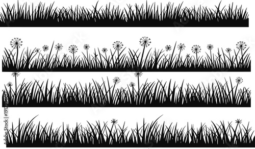 Grass silhouettes border set, wild meadow plants and flowers collection, black nature grass edge illustration vector design
