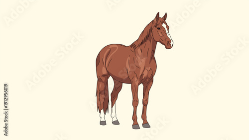 Detailed illustration of a majestic brown horse with a white stripe on its face stands calmly against a simple light cream background.