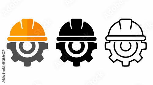Three construction helmet icons with gear motifs in orange, black, and white, representing safety, construction, and engineering concepts.
