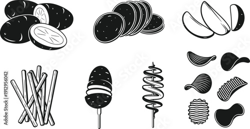 Black and white vector illustration of diverse potato snacks including chips, wedges, sticks, spiral cuts, and whole potatoes, highlighting culinary versatility and food design concepts.