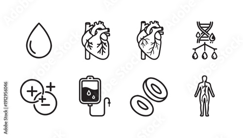 Medical Icons Set: Blood Drop, Heart, DNA, IV Bag, Cells, Human Body