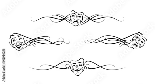 Theatrical masks with decorative lines, elegant design for dividers, black and white