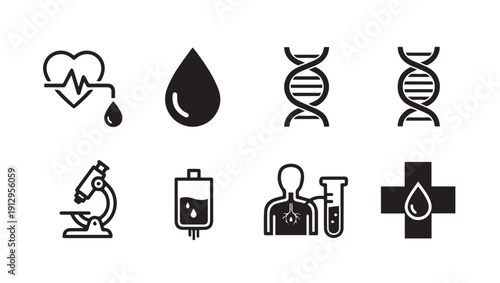 Medical Icons Set: DNA, Blood Drop, Heartbeat, Microscope, Infusion Bag, Anatomy, Cross