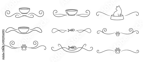 Pet bowl dividers with decorative swirls and outlines