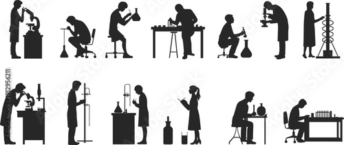 Scientist silhouettes set working in laboratory with microscope, test tubes and chemical equipment, research and experiment people collection isolated on white background vector.