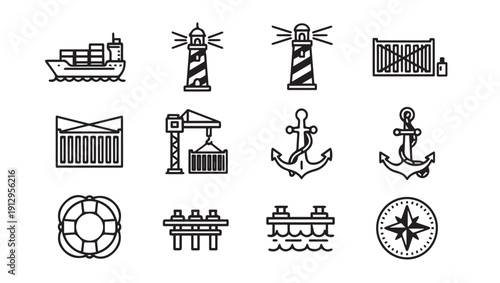 Nautical Icons Set: Ship, Lighthouse, Anchor, Crane, Container, Compass, Lifebuoy, Pier