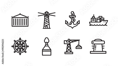 Nautical Icons Set: Shipping Container, Lighthouse, Anchor, Ship, Wheel, Buoy, Crane, Mooring