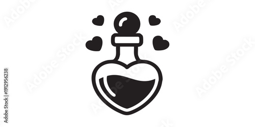 Black and white flat vector icon of a love potion bottle, minimal outline style, single centered composition, isolated on white background, clean design.