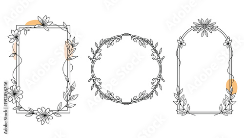 Three minimalist line art floral frames in rectangular, circular, and arched shapes with subtle orange accents for elegant branding.