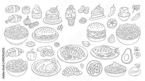 Extensive collection of food and drink line art icons featuring sushi, burgers, salads, desserts, and various healthy ingredients.