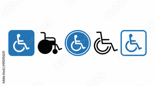 Set of blue wheelchair accessibility icons in various styles, including square, circle and outline variations, representing disability and accessible access