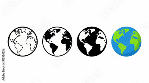 Set of four globe icons showing world map silhouettes in white, black, and blue-green color schemes for global, travel, geography, and environmental design projects.