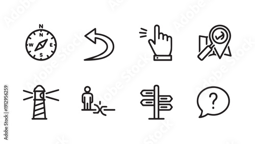 Navigation Icons: Compass, Undo, Click, Search, Lighthouse, Person, Signpost, Question Mark