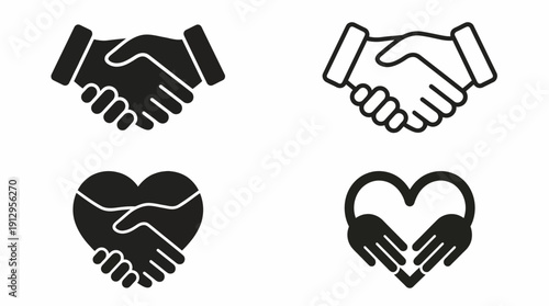 Set of four vector icons illustrating partnership and care: handshake icons and heart-shaped hands for collaboration, unity, and support