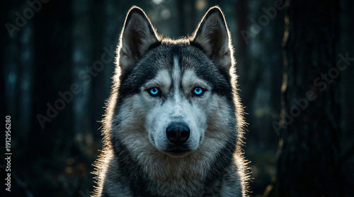 Portrait of a Beautiful Husky with Piercing Blue Eyes in Dark Forest