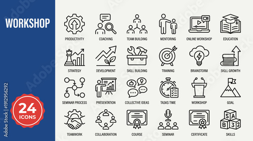 Set of 24 line icons for workshop and training topics including team collaboration, project planning, tools, charts, and skilled trades.