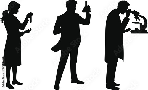 Scientist silhouettes working in laboratory with test tube, flask and microscope, research chemistry and biology concept, medical experiment people isolated on white background.