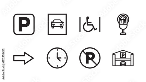 Parking Signs Icons Collection - P, Car, Handicap, Meter, Arrow, Clock, No Parking, Garage