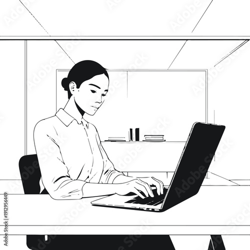Black and white vector illustration of person working on laptop at desk, minimal office interior, clean line art, flat monochrome style, isolated on white background 2