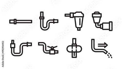 Plumbing Icons Set: Pipes, Filters, Valve, Water Flow - Line Art