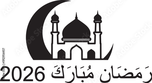 Minimalist Ramadan Mubarak 2026 Vector of Mosque with Dome, Minarets, and Crescent Moon