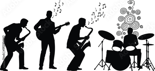 Silhouette illustration of four-member band performing with saxophones, guitar, and drum set, featuring musical notes and abstract rhythm patterns for music, concert, and design themes