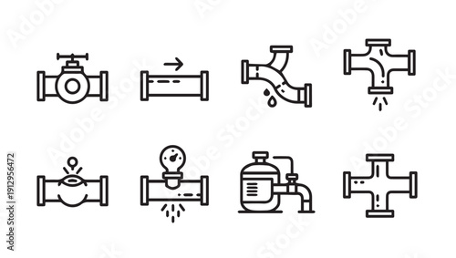 Plumbing Icons Set: Valves, Leaks, and Water Flow Symbols, Line Art