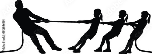 Tug of war kids silhouette isolated on white background, teamwork sport vector set for children activity design illustration bundle