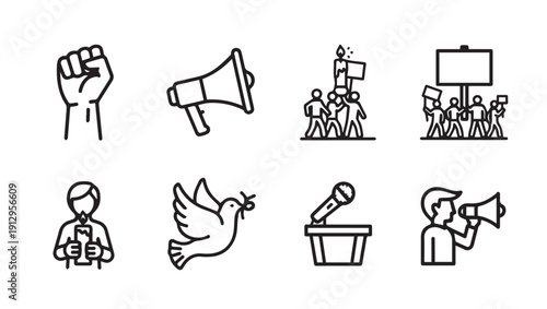 Protest and Activism Icons: Fist, Megaphone, Marchers, Dove, Speaker, Stock Graphics