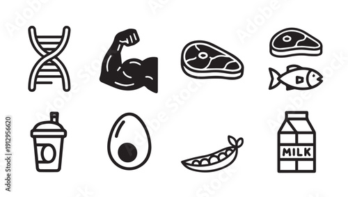 Protein Sources Icons: DNA, Muscle, Meat, Fish, Shake, Egg, Peas, Milk