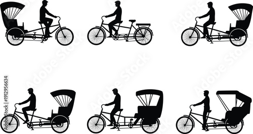 Rickshaw bicycle silhouette collection isolated on white background, traditional transport vector set for city travel design, urban illustration bundle
