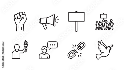 Protest Icons: Fist, Megaphone, Sign, Crowd, Torch, Speech Bubble, Broken Chain, Dove