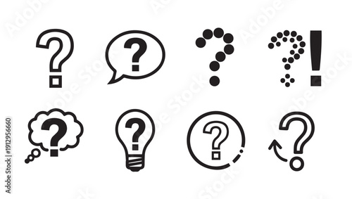 Question Mark Icons Set, Various Styles, Simple Graphics, Isolated on White