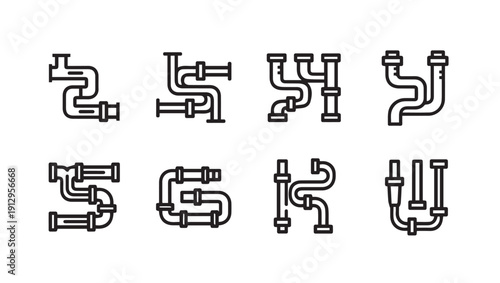 Plumbing Pipe Symbols Set, Drain Trap and Elbow Icons, Vector Line Art