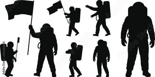 Set of astronaut silhouettes with backpack and flag in different poses, isolated on white background, space exploration concept, cosmonaut figure collection, sci fi mission design.
