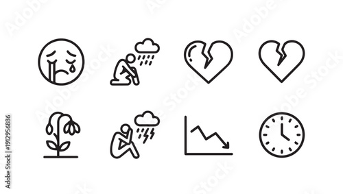 Sadness Icons: Broken Heart, Sad Face, Wilted Flower, Downward Graph, Clock