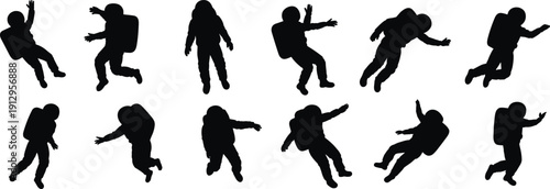 Set of astronaut silhouettes floating in space, isolated black spacemen poses collection, zero gravity movements, spacewalk actions, cosmonaut character bundle on white background.