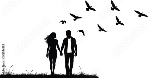 Romantic couple silhouette walking together holding hands with flying birds, love relationship concept vector illustration isolated on light background for lifestyle design