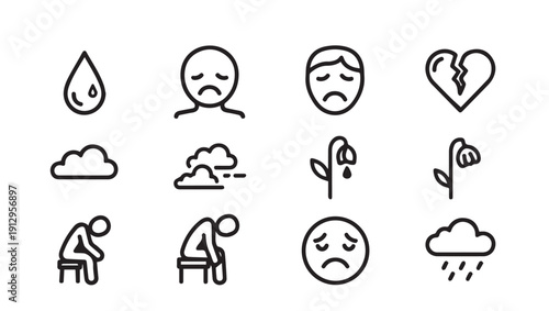 Sadness Icons Set: Broken Heart, Tear Drop, Sad Faces, Wilted Flower, Rain Cloud