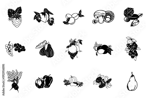 Fruit icon collection. Includes strawberry, peach, pear, grapes, pineapple, banana, kiwi, and more. Created in line style with black and white palette