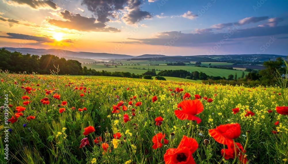 Fototapeta premium Sunny landscape red poppy field with meadow, trees, hills under a golden, cloudy sky at dawn