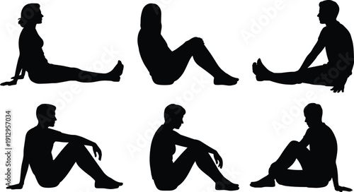 Sitting people silhouette collection isolated on white background, casual male and female seated pose vector set for lifestyle design illustration bundle