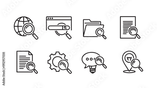 Search Icons Magnifying Glass Globe Browser Folder Document Gear Chat Bulb Map Stock Media