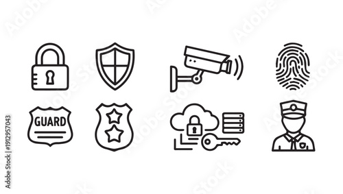 Security Icons Collection: Lock, Shield, Camera, Fingerprint, Guard, Cloud Data, Officer - Line Art
