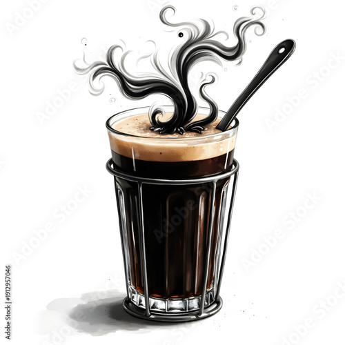 Aromatic Brew: A close-up shot of a steaming glass of rich coffee, filled with a deep, inviting liquid and crowned with a delicate froth, promising a burst of flavor and a moment of indulgence.