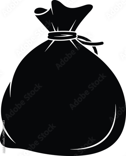 Black silhouette illustration of a tied sack or bag with rounded bottom and cinched top, vector artwork symbolizing money, storage, or goods