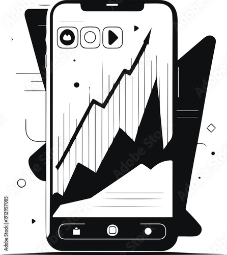 Black and white vector illustration of smartphone screen with rising graph and notification icons, clean line art, flat design, no gradients