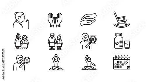 Senior Care Icons: Health, Family, Yoga, Medication, Calendar, Rocking Chair
